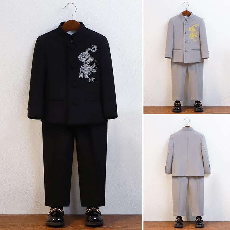 中華スーツ 男の子 セット 龍紋刺繍 長袖 長ズボン シャツ 黒 ライトグレー ポリエステル混紡 柔らかい..