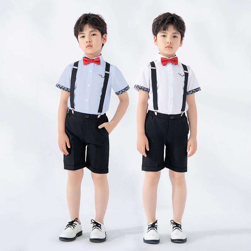 礼服 男の子 春夏 半袖 サスペンダー ショートパンツ セット 子供 ステージ 衣装 司会 合唱 演劇 撮影 ..