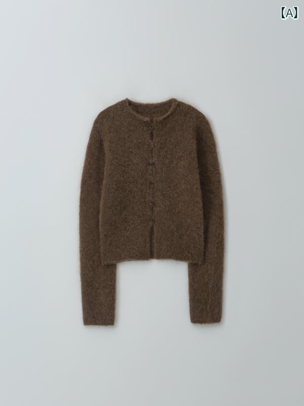 カーディガン レディース アルパカ ニット 秋冬 無地 スリム 丸首 長袖 ボタン 中厚 通勤 ブラウン ア..