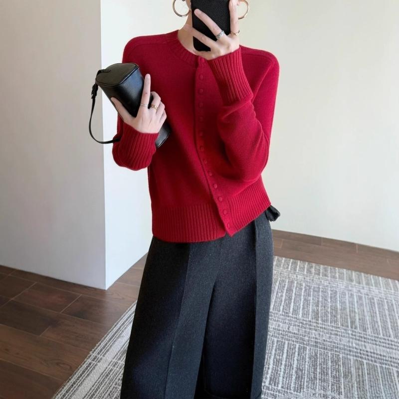 ニット カーディガン ウール 長袖 丸首 ゆったり ショート丈 赤 ミッドナイトブルー シンプル レイヤリ..