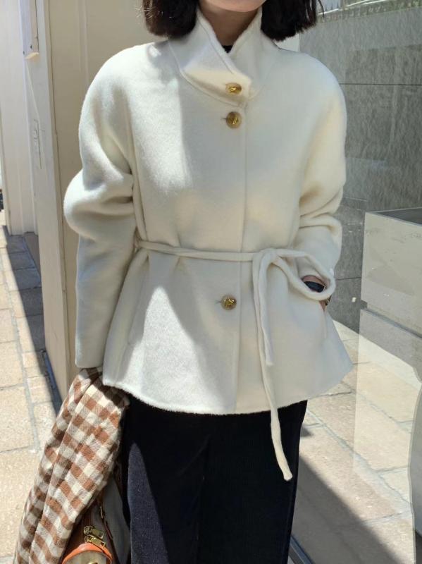 コート レディース ダブルフェイス ウール ベルト 中長丈 シングルブレスト 厚手 ロングパイル ウール ..