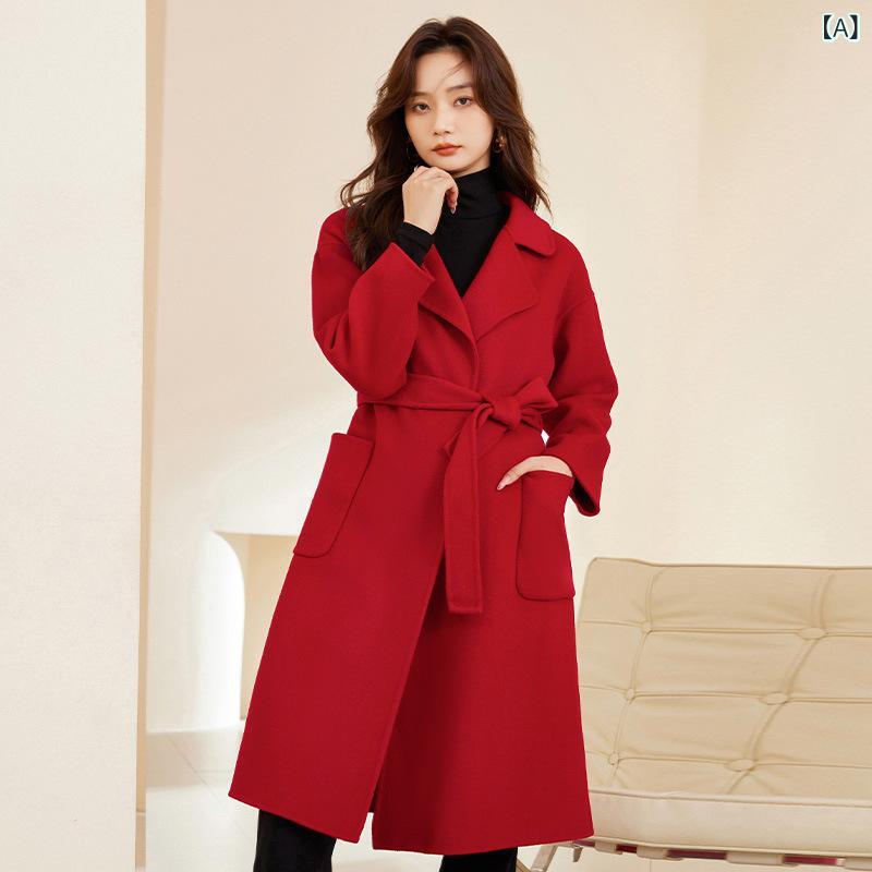 ウールコート レディース 秋冬 ロング丈 スーツカラー ダブルフェイスウール 通勤 ポケット 落肩袖 ス..