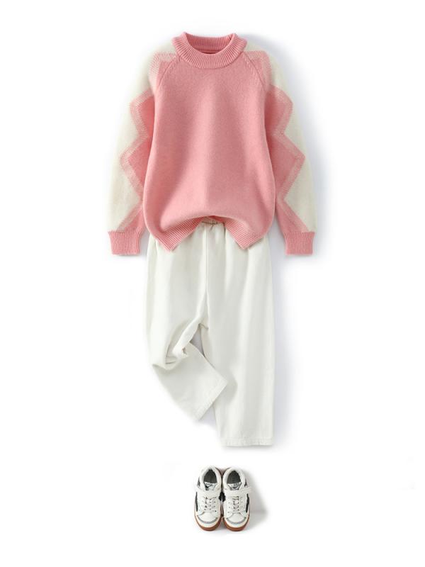 ニットセーター 女の子 秋冬 レトロ コントラストカラー リラックススタイル ルーズ 長袖 ウール トッ..