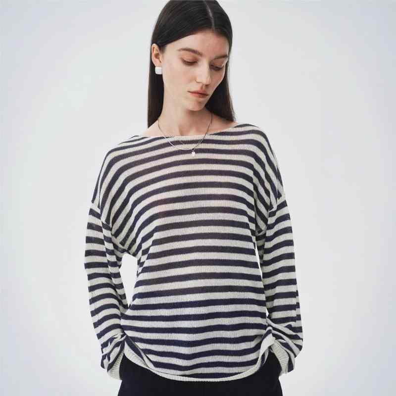 ニット ボートネック ゆったり 長袖 ストライプ トップス 綿 和紙混 薄手 透け感 UVカット スリム見え ..