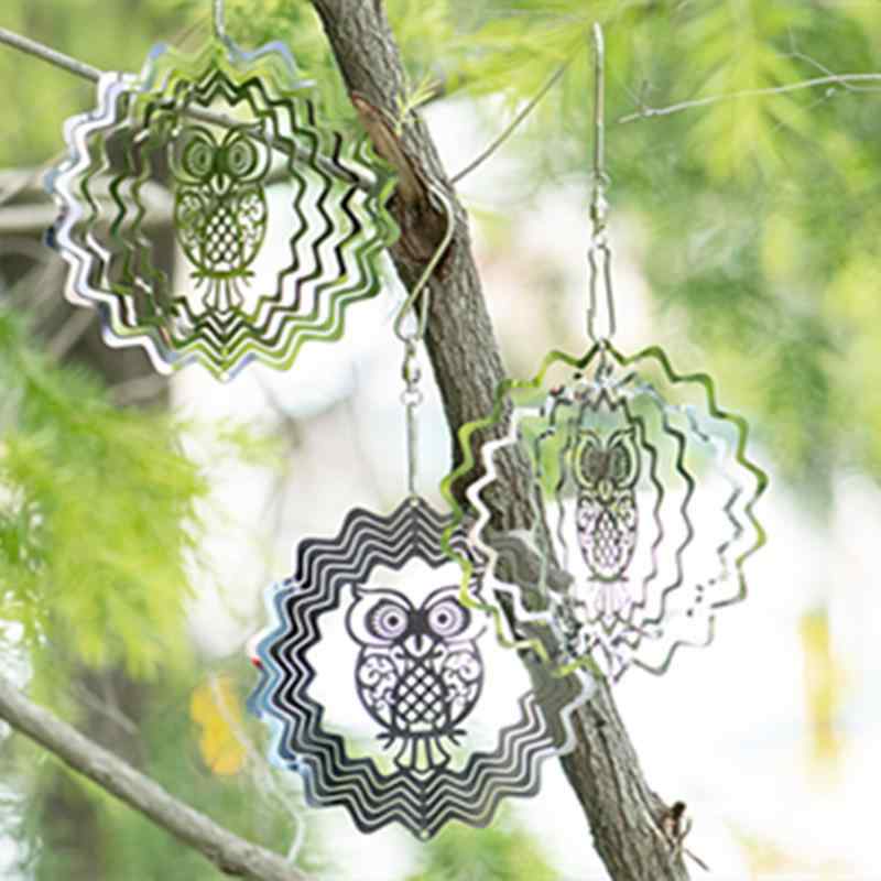 インテリア 吊り下げ 鏡 猫頭鷲 3D 風力 回転器 ハンギング デコレーション ステンレス 鏡 銀 鏡面 双..