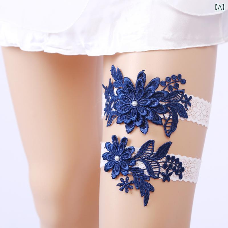ウェディングアクセサリー ガーター レディース レース 伸縮性 レッグバンド ブルー ホワイト ブラック..