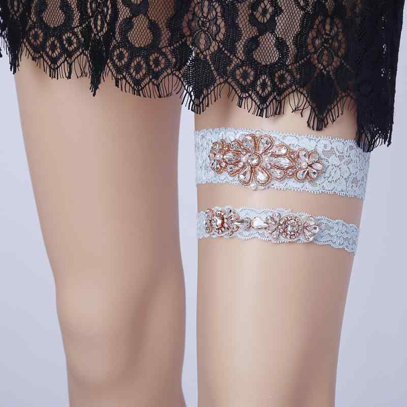 ガーター レディース 結婚式 ウェディング 花嫁 新婦 ブライズメイド 太ももリング レッグアクセサリー レース ラインストーン かわいい ブルー デコレーション