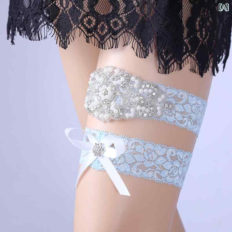 ガーター レディース ウェディング 新婦 レース ラインストーン 蝶結び レッグバンド 調整可能 結婚式 アクセサリー 布地 青 白