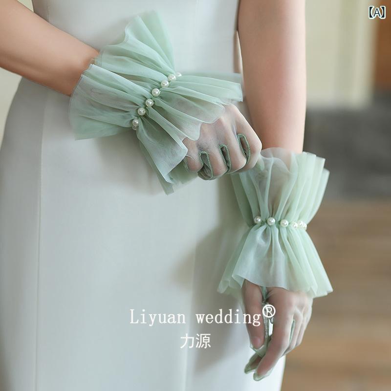 手袋 レディース ウェディング ビーズ刺繍 フリル袖口 緑 ピンク ベージュ ニット ショート オールシー..