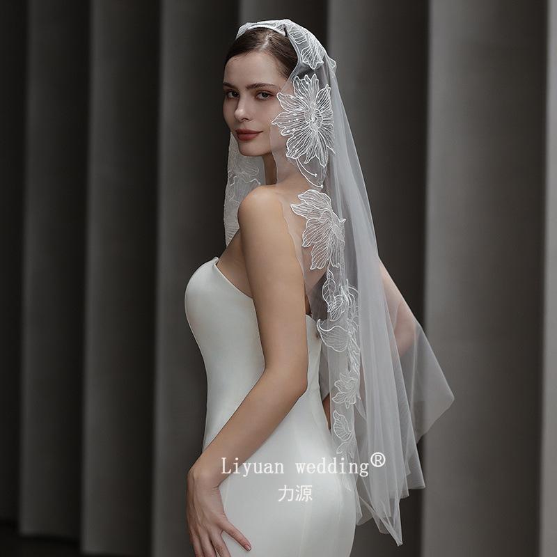 ウェディングベール 女性 チュール レース 花柄 ロング丈 半透明 アイボリー 高級感 エレガント ボリュ..