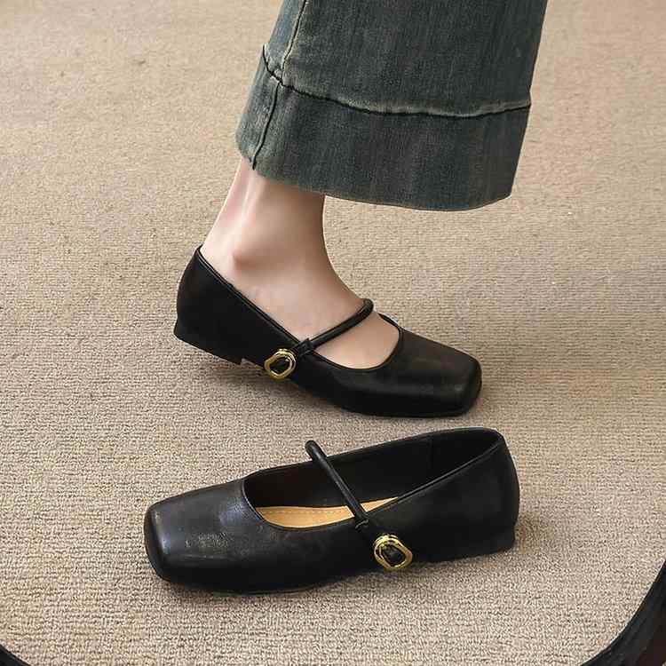 メアリージェーンシューズ レディース スクエアトゥ 平底 フレンチレトロ ローカット PUレザー プリン..