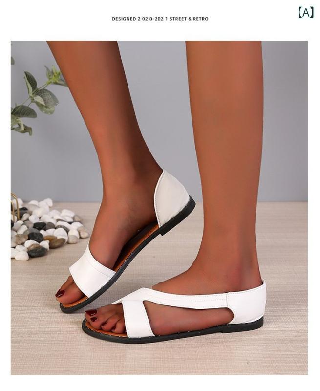 サンダル レディース 女性 夏 オープントゥ リベット フラットソール 大きめサイズ 合成皮革素材 無地..