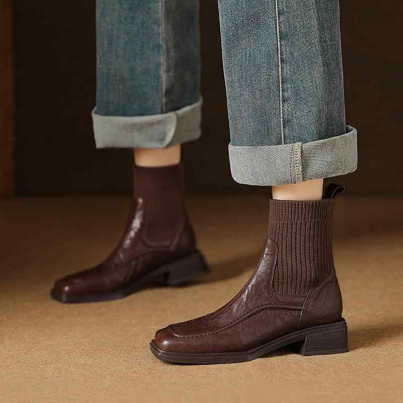 アンクルブーツ レディース スクエアトウ 羊革 チャンキーヒール ローヒール ニット ソックスブーツ ...