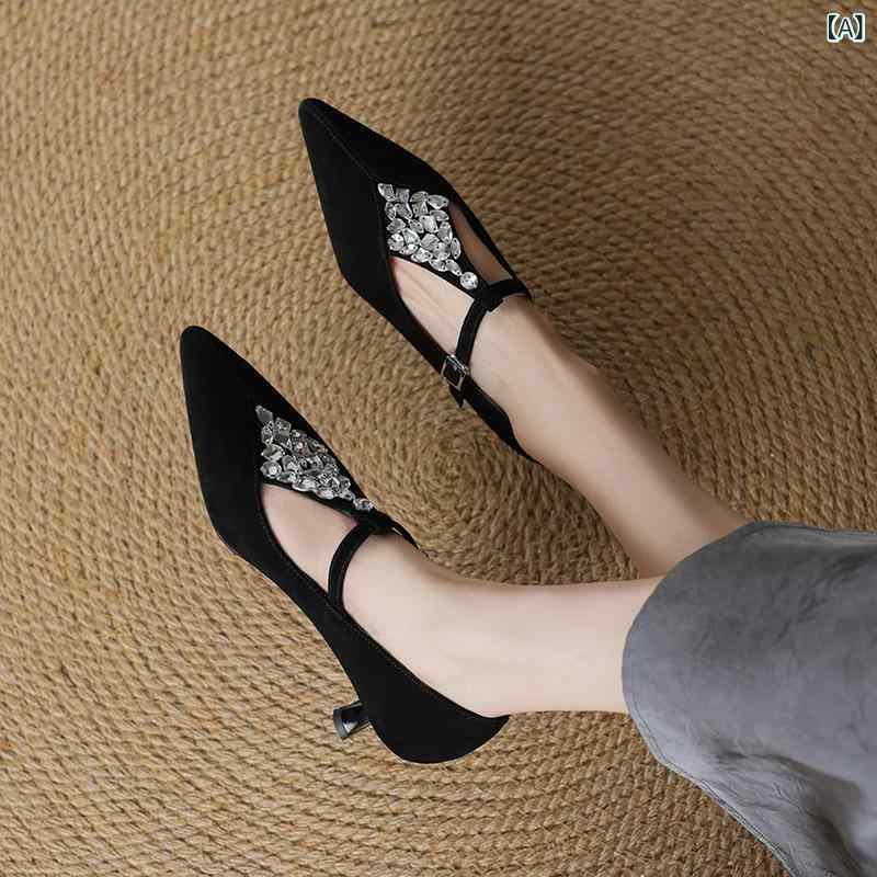 メアリージェーンシューズ レディース ポインテッドトゥ Tストラップ ミドルヒール ローカット ライン..