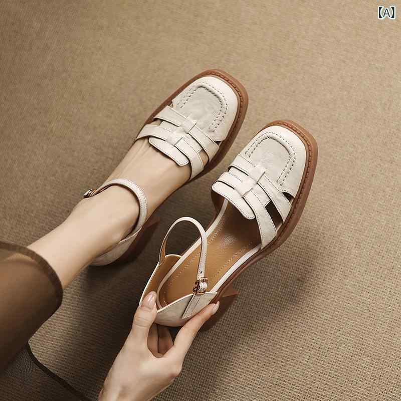 ケージサンダル レディース 羊革 スクエアトゥ チャンキーヒール ミッドヒール バックル ストラップ オ..