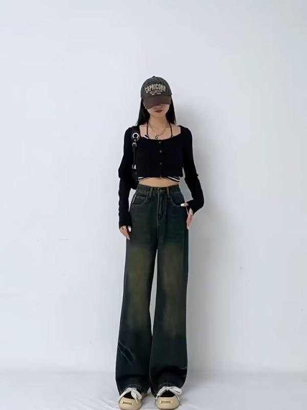 デニムパンツ レディース ゆったり ストレート ハイウエスト ロングパンツ 垂れ感 スリム効果 合わせやすい カジュアル グレー 春秋 ス..