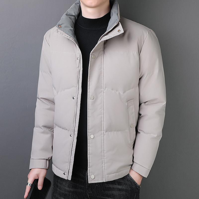 パディング コート メンズ スタンドカラー ジップアップ 無地 厚手 保温 ポリエステル ルーズフィット ビジネス カジュアル 冬 普段使い ステッチ サイドポケット ストレートヘム ミドル丈 グレー 黒 カーキ