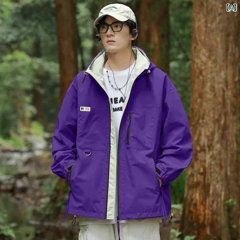 ジャケット メンズ フード 防水 防風 ゆったり 長袖 春秋 カジュアル ポリエステル ツートン 大きいサイズ 紫 緑 黒 普段使い 軽量 吸湿速乾