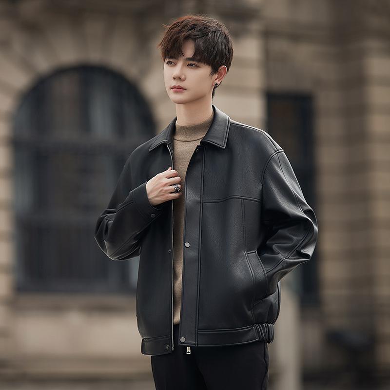 ジャケット メンズ 春秋 カジュアル ルーズフィット ラペル バイカースタイル PUレザー マット ライチ..