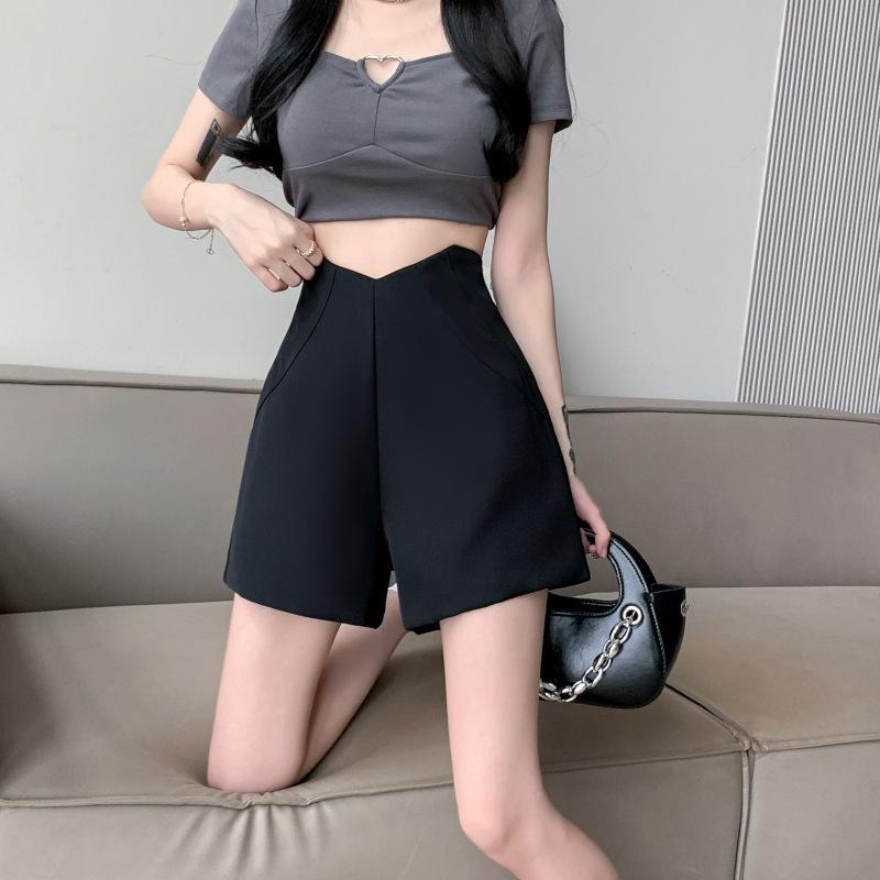 スカートパンツ レディース 夏 スリム ゆったり ハイウエスト ショートパンツ風 アシンメトリー スタイリッシュ カジュアル 薄手 ポリエステル 微弾性 ストレート ジッパー 爽やか 甘め プレッピー 合わせやすい 黒 灰