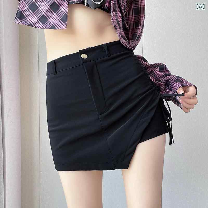 スカパン レディース 夏 黒 Aライン ミニ ハイウエスト プリーツ アシンメトリー ヒップハグ スリム 通勤 エレガント ポリエステル ストレッチ ノーアイロン ジッパー おしゃれ シック