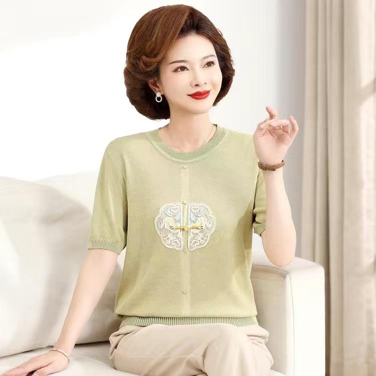 ニット レディース 50代 大人女性 Vネック 3/4袖 接触冷感 薄手 ルーズフィット 植物花柄 プリント ラ..