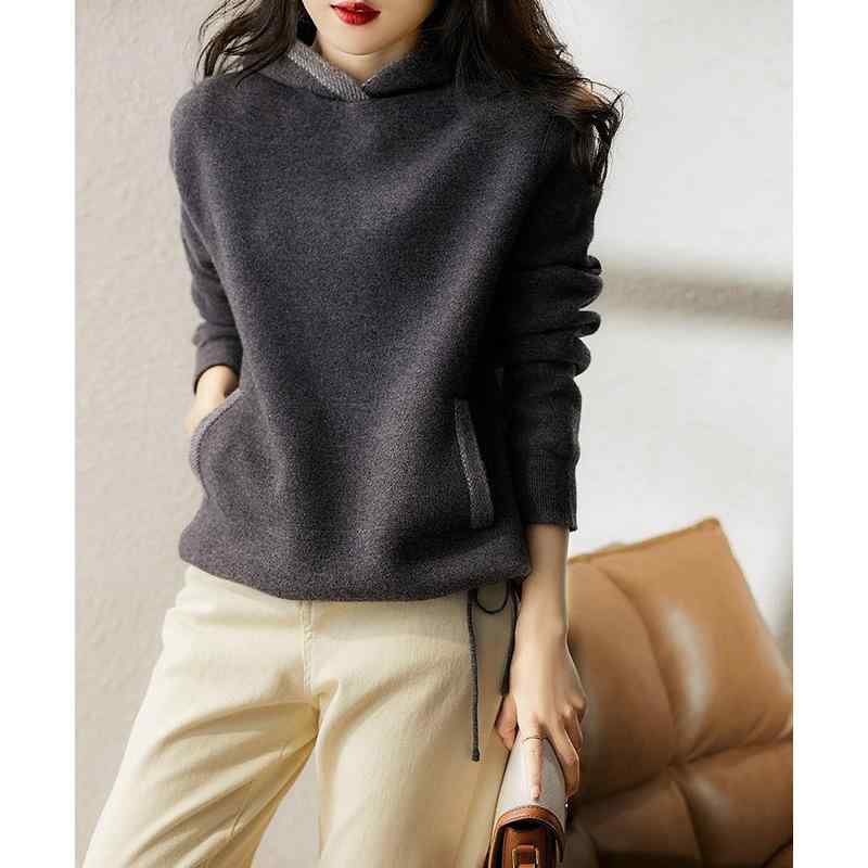 パーカー レディース 秋冬 フード 長袖 ゆったり 上品 通勤 ダークグレー ポリエステル ウール混 無地 プルオーバー 中厚手 スリム アウター トップス ヒップ丈