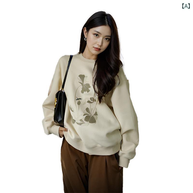 Rakuten - スウェット レディース 春 花柄 植物モチーフ リラックス ゆったりシルエット クラシック レトロ 上品 通勤スタイル 丸首 ストレート袖 長袖 ミドル丈 綿素材 ポリエステル混 米杏 中厚手