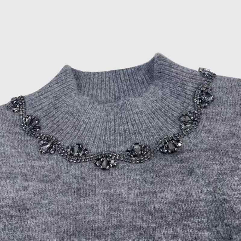 ニット レディース ハーフハイネック 長袖 無地 ラインストーン セーター 通勤 トップス ポリエステル ミドル丈 着回し ゆったり グレー 赤 春