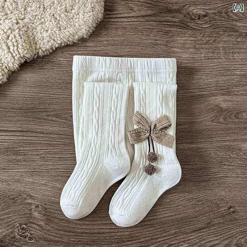 パンツストッキング 女の子 キッズ 秋冬 厚手 ロング コーマ綿 ポリエステル シームレス 通気性 吸汗 無地 かわいい 蝶結び おしゃれ プリンセス トレンド 白 ピンク 黒 普段使い ベビー