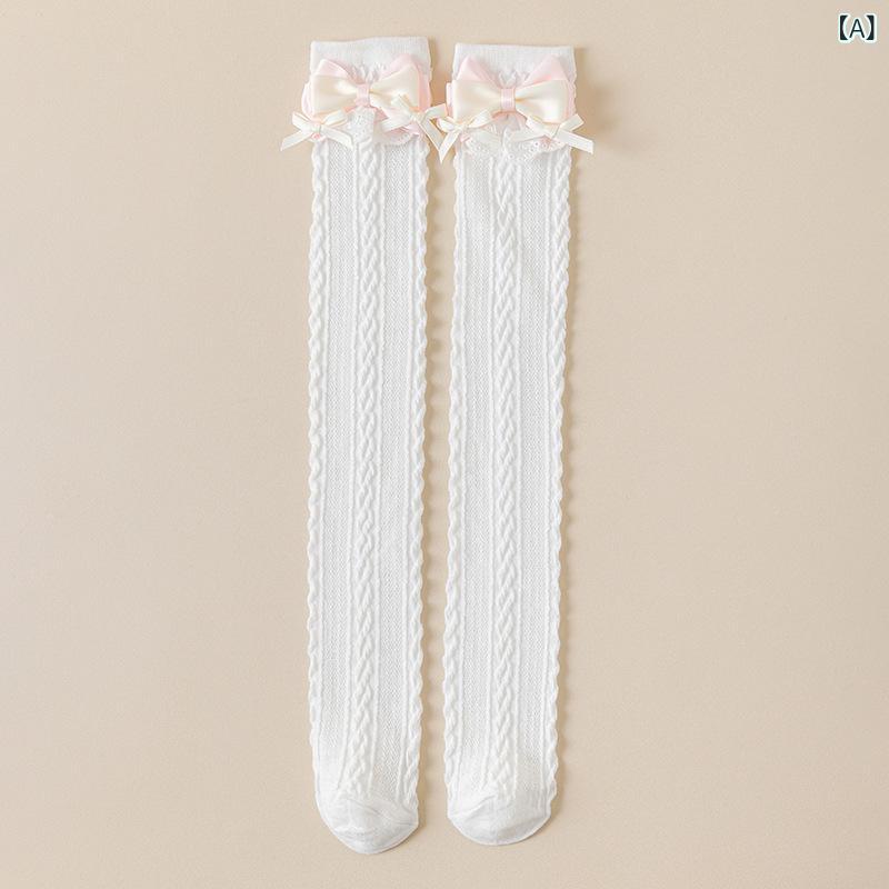 オーバーニーソックス 女の子 膝上 薄手 綿 通気性 吸汗 プリンセス かわいい リボン レース フリル 無地 春秋 黄 ピンク 青