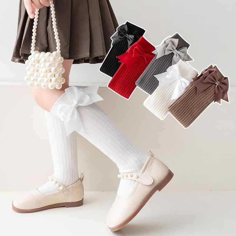 靴下 女の子 中筒 蝶結び プリンセス ソックス 綿素材 通気性 春秋 かわいい フリル ストライプ カートゥーン 白 灰 黒 子供 学生 普段使い スカート合わせ