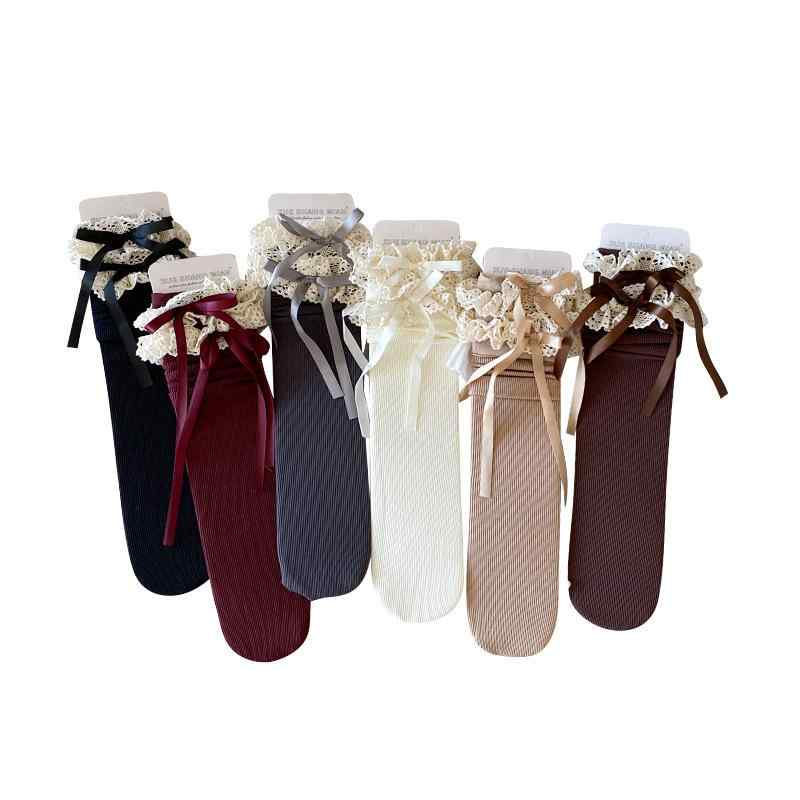 オーバーニーソックス 女の子 ロング レース リボン かわいい ロリータ バレエ風 韓国 プリンセス 親子 コットン 中厚 無地 春秋冬 黒 白 グレー 普段使い ガーリー スタイル