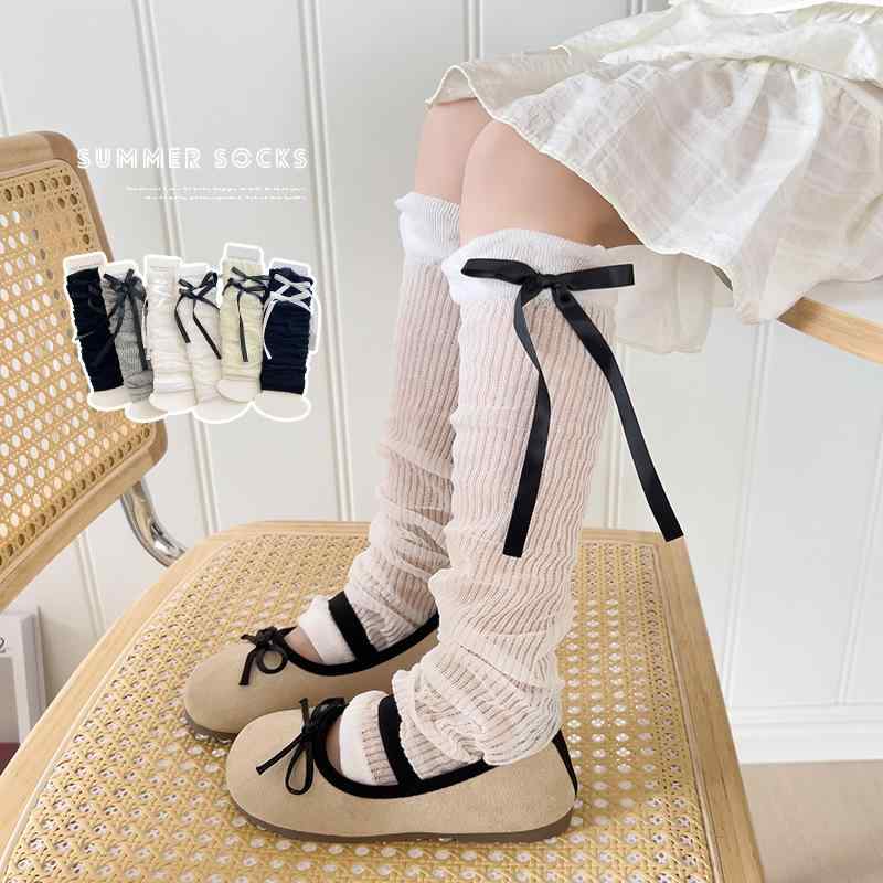 オーバーニーソックス 女の子 子供 薄手 綿素材 通気性 吸汗 吸湿速乾 蚊よけ リボン 蝶結び レース フリル かわいい 純色 長筒 春夏 おしゃれ 普段使い 黒 白 グレー