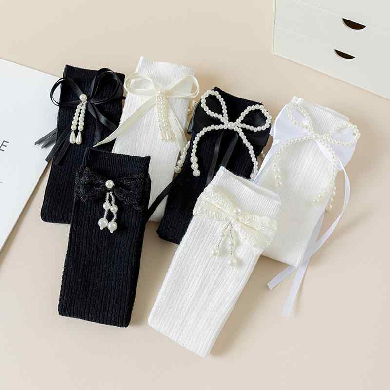 女の子 パンツソックス 黒白 シリーズ コーマ綿 素材 通気性 薄手 生地 ストライプ柄 プリント柄 プリンセス風 パール飾り 蝶結び 韓国系 かわいい おしゃれ ガーリー 子供靴下 ベビー キッズ 普段使い 春秋