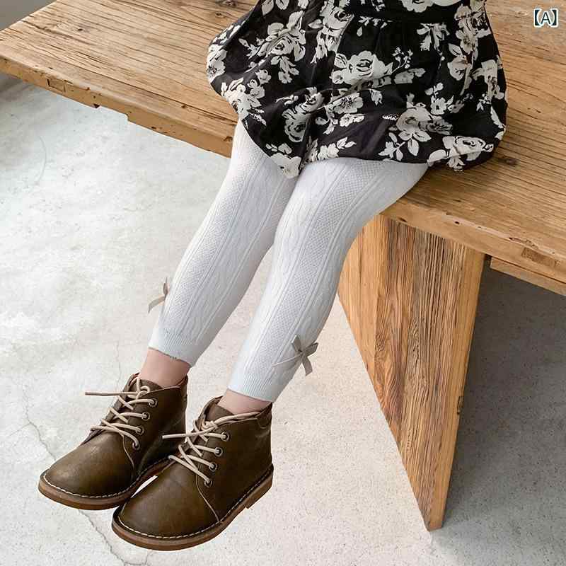 レギンス 女の子 春秋 韓国 コットン ニット ねじり編み 蝶結び リボン 高腰 ロングパンツ インナー タイツ かわいい 柔らかい 無地 白 ベージュ 黒 普段使い アンクル丈