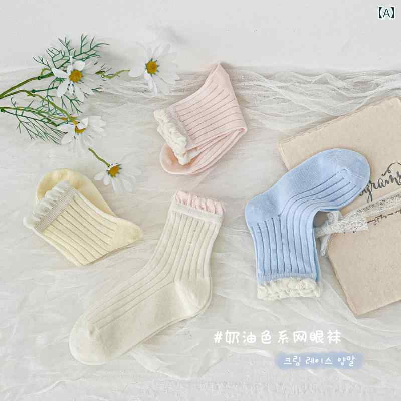 子供靴下 女の子 中筒 ソックス 春夏 薄手 通気 コーマ綿 メッシュ レース シームレス プリンセス かわいい キャンディ クリーム 無地 普通 滑り止め かかと 普段使い カジュアル 快適 軽量 ソフト