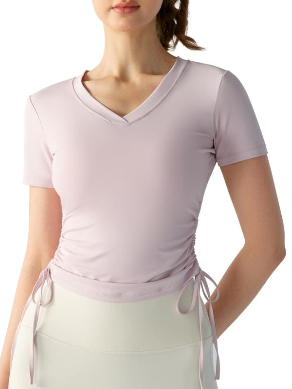 Tシャツ レディース 春夏 プリーツ ウエストシェイプ カジュアル トップス 快適 スリムフィット ヨガウェア 半袖 ポリエステル スパンデックス 伸縮性 ボディフィット ヒップ丈 ライトグリーン クラウドブルー ピンク