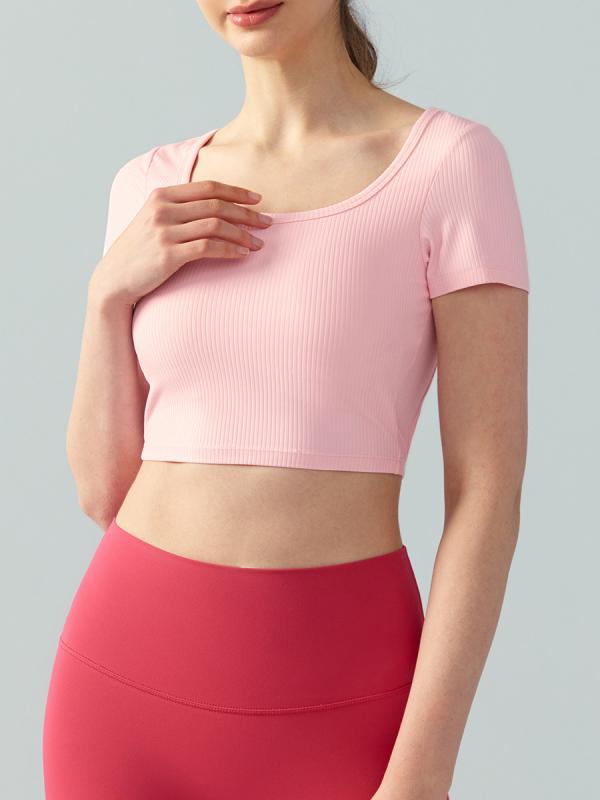 Tシャツ レディース 春夏 ヨガ 半袖 スクエアネック ブラパッド セクシー バックレス ショート丈 フィットネス トップス 修身 スリム ストレッチ素材 ナイロン混 メッシュ クールタッチ 黒 カーキ アイボリー(4.0)