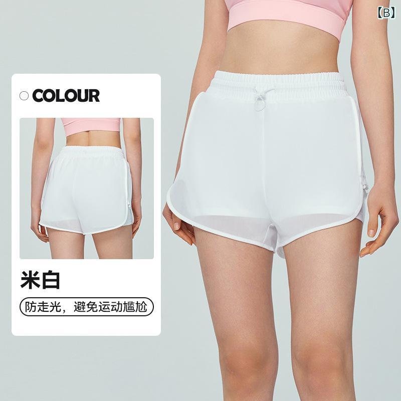 ヨガショーツ レディース ハイウエスト メッシュ フェイクツーピース ドローコード 防透け 収腹 春夏 ナイロン スパンデックス ピンク系 オフホワイト 7分丈 フィットネス サイクリング