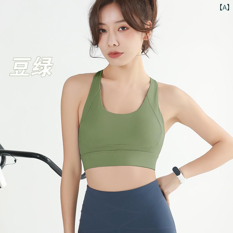 スポーツブラ レディース ノンワイヤー フルカップ クロスバック 調整可能 バッククロージャー 高強度 衝撃吸収 寄せ集め ヨガ フィットネス ランニング サイクリング ナイロン混紡 ストレッチ素材 豆緑 オールシーズン 軽量 快適フィット
