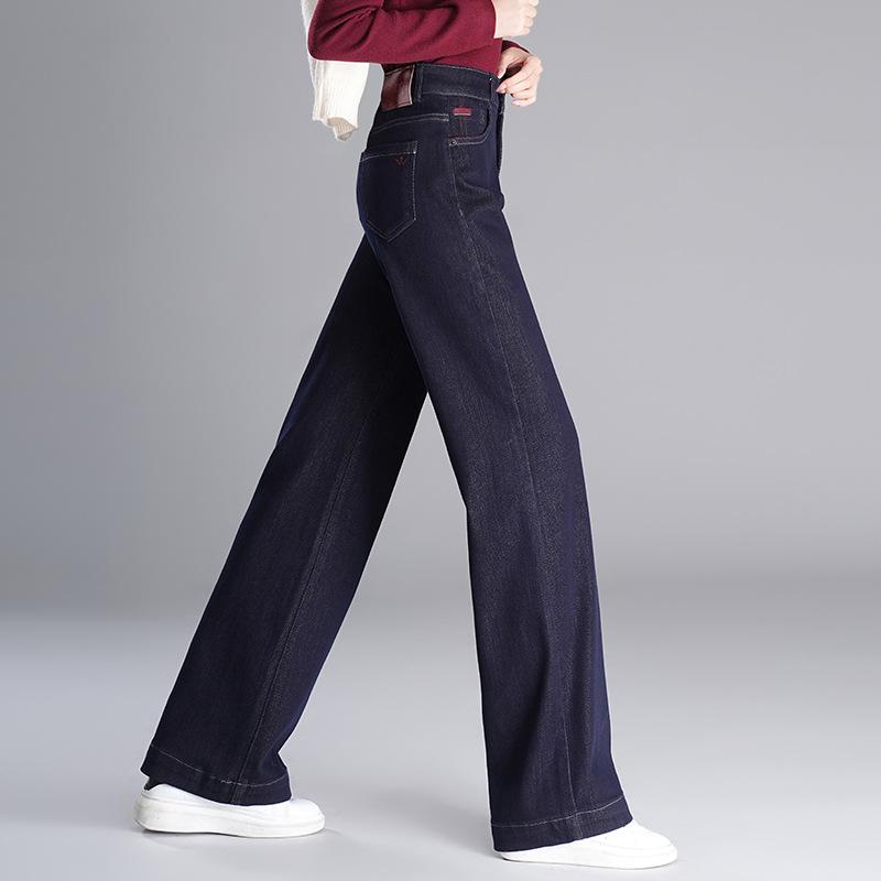 Rakuten - デニムパンツ レディース レトロ ストレート ワイドレッグ ハイウエスト 細見え 暖か ルーズ ロング丈 秋冬 通勤 ポケット 伸縮性 ダークブルー ポリエステル