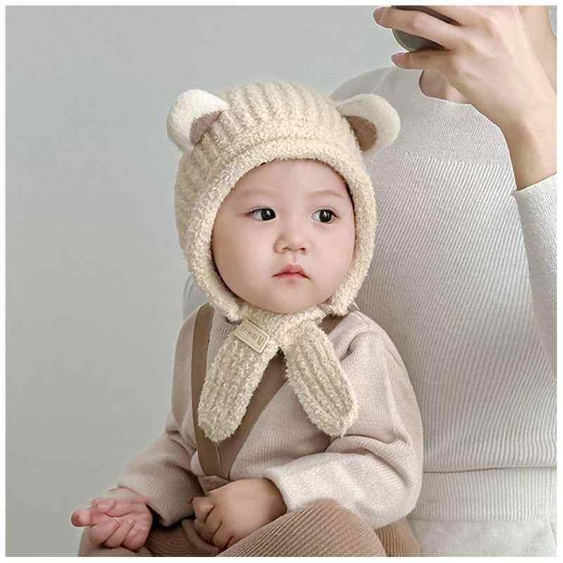 ベビー帽子 男の子 女の子 秋冬 防風 保温 耳 ニット帽 マフラー一体 カートゥーン かわいい タイダイ ベージュ 白 ピンク 普段使い オールシーズン