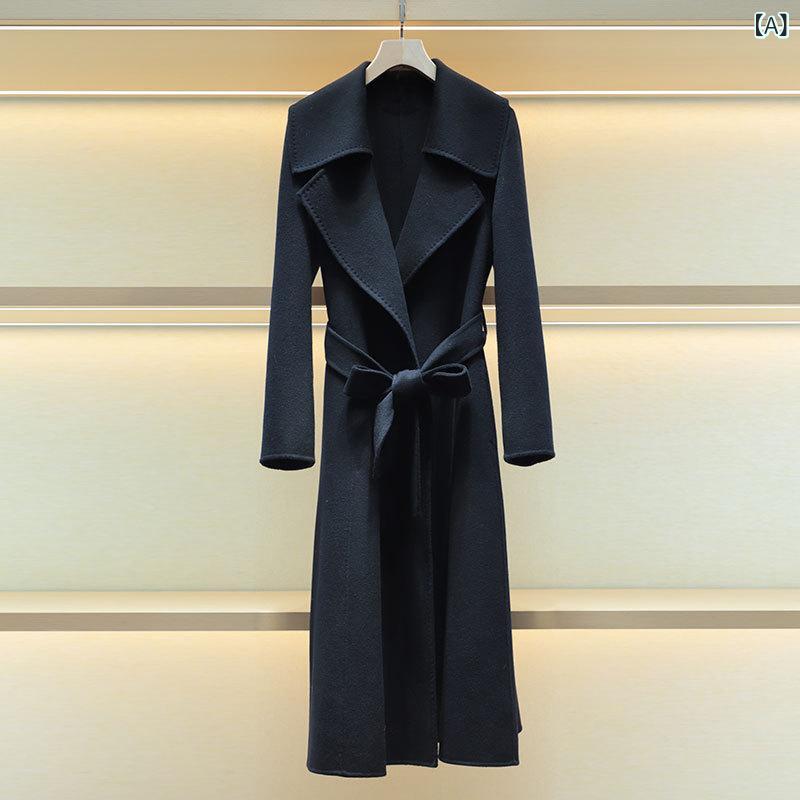 コート レディース ツイード ロングカーディガン 大襟 長袖 ウエストベルト ルーズ ストレート 黒 冬 少女風 爽やか 甘め 普段使い ア..