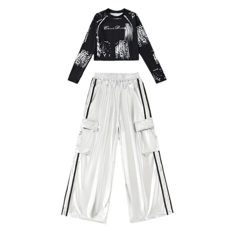 ストリートダンス衣装 男の子 女の子 光沢 セット 黒 銀 長袖 クロップド トップス ロングパンツ コットン 柔軟 オールシーズン ステージ パフォーマンス おしゃれ
