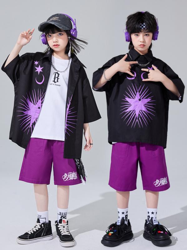 キッズ ストリートダンス衣装 男の子 女の子 ヒップホップ セット 綿 柔軟 クール ブラック パープル ホワイト 半袖 シャツ 短パン オールシーズン 普段使い おしゃれ