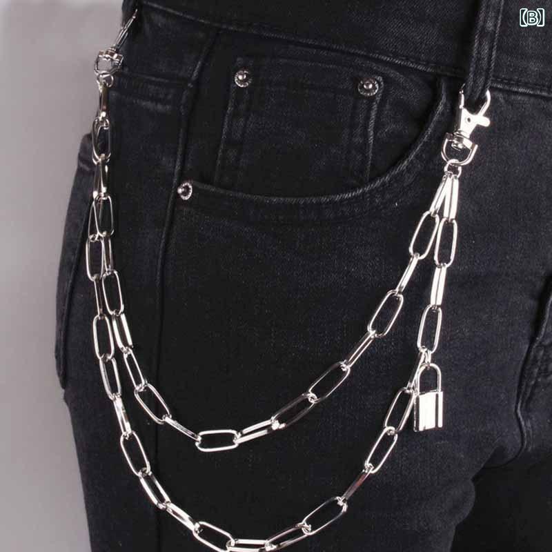 おうち健康生活のパンツチェーン レディース パンク風 レトロ 多層チェーン ロック型ペンダント ファッション アクセサリー 電気メッキ加工 カジュアル 普段使い 金 ホワイトゴールド 光沢 バックル｜アングル3