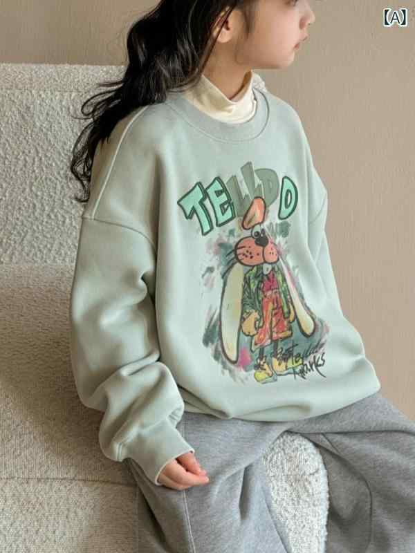 女の子 スウェット 秋冬 中厚 長袖 丸首 綿 柔らかい素材 かわいい 動物柄 カートゥーン柄 レタープリント 柄 ナチュラル風 プリンセス 韓国スタイル 緑 カジュアル 普段使い