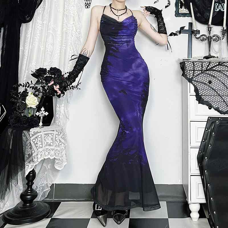 ワンピース レディース 細肩ストラップ 吊帯 ロング 夏 プリント 植物 花柄 ダーク 森 紫 バックレス ..