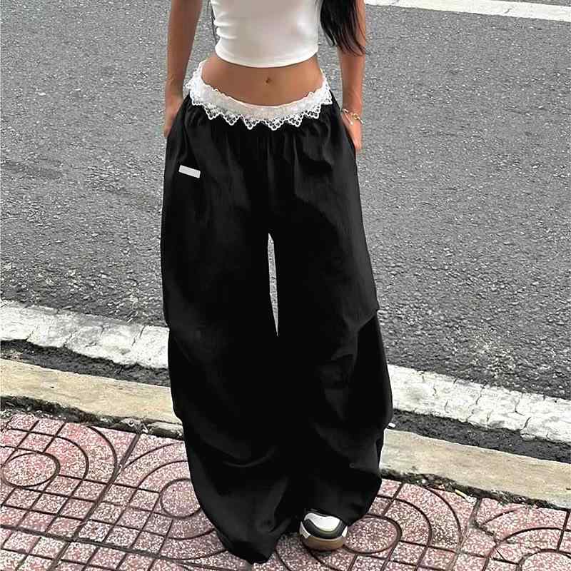 ワークパンツ レディース 夏用 薄手 ワイドレッグ ロング丈 レース フリル 切り替え ローライズ UVカット ポリエステル ストレッチ 刺繍 ブラック ルーズフィット ストリート 普段使い